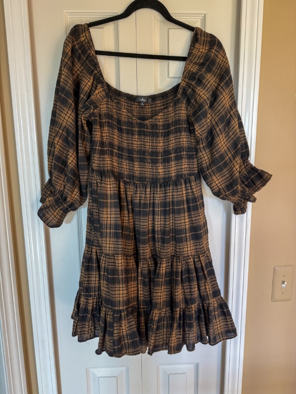 Lulus No One Cuter Black And Tan Plaid Puff Sleeve Tiered Mini Dress - Size L - Picture 2 of 3